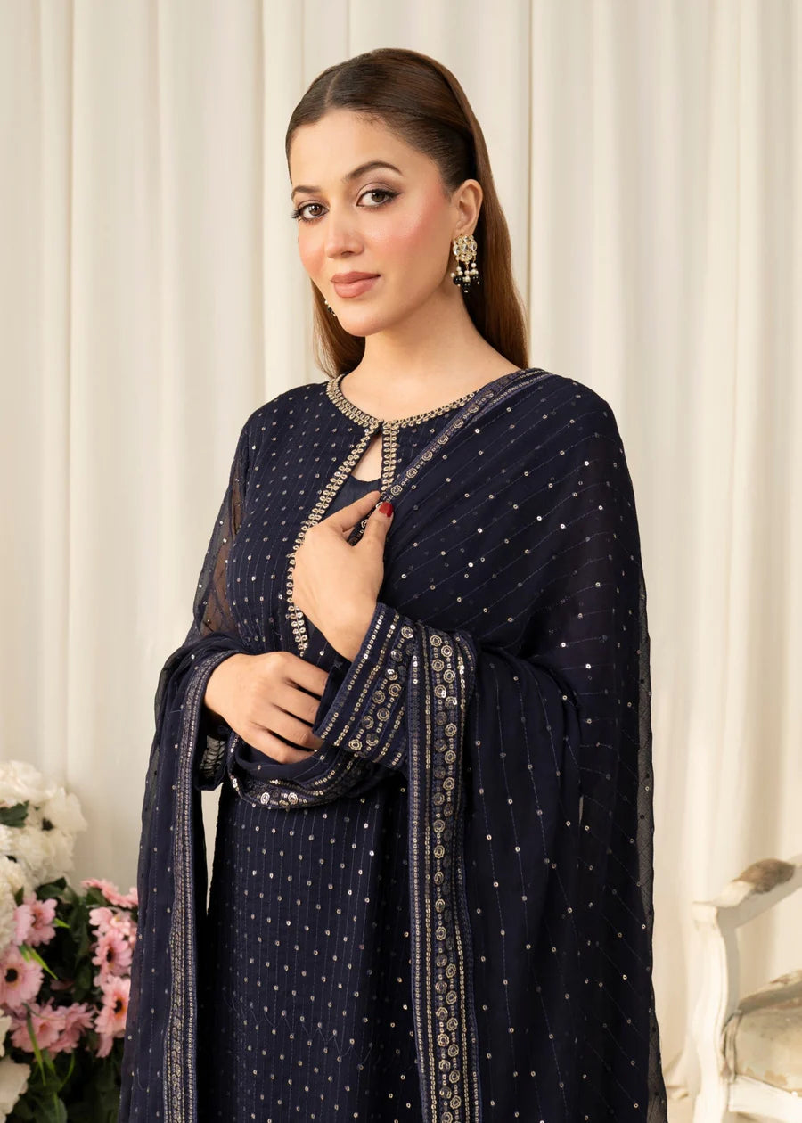 BLUE Noor Luxury Chiffon Pret embroidered 3 piece traditional long short suit