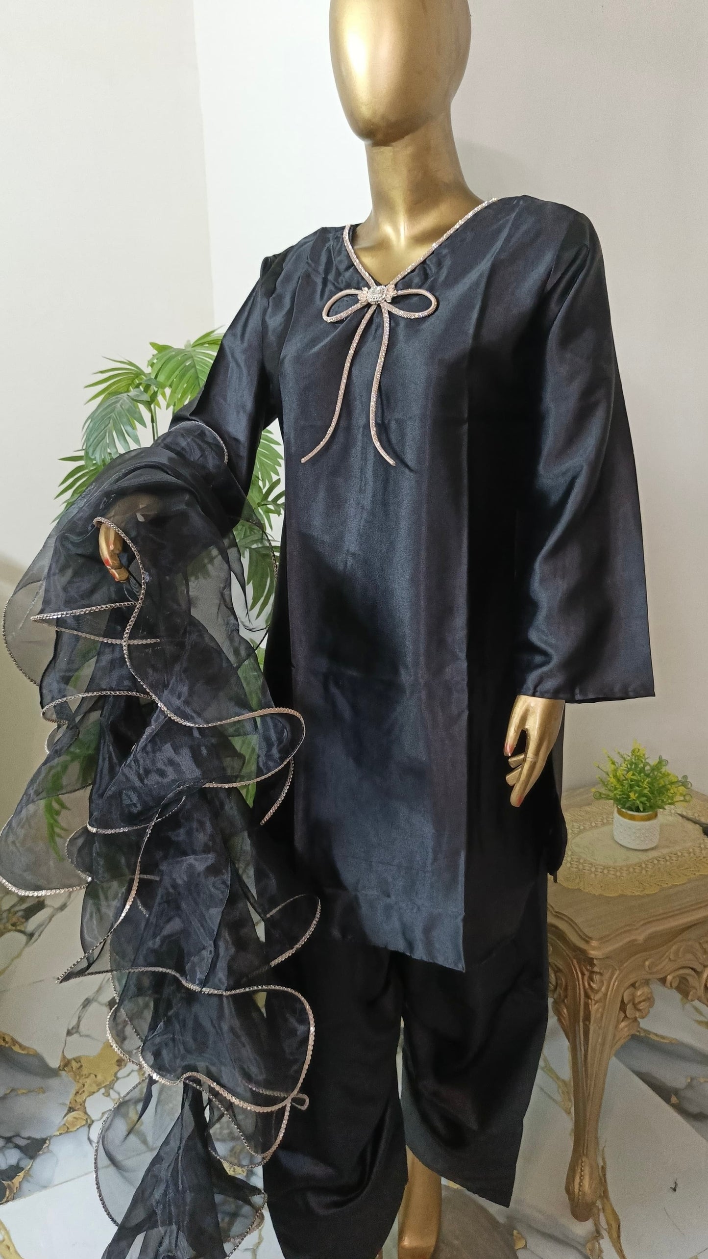 Kalpana 3 piece ready to wear Farshi shalwar silk outfit with Ruffle Duppatta women wear