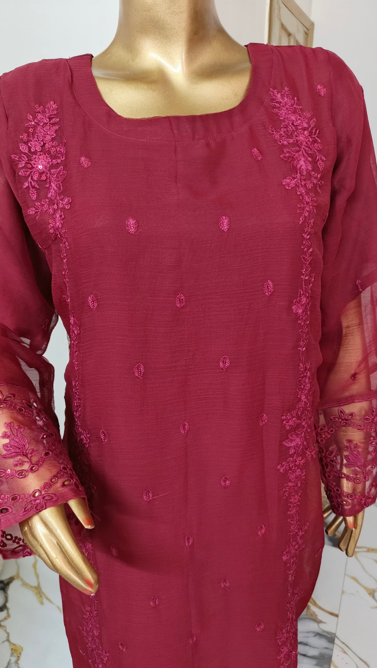 PRL RED Chiffon 3 piece ready to wear traditional suit - women wear - embroidered shirt & Duppatta - Katan Silk Trouser