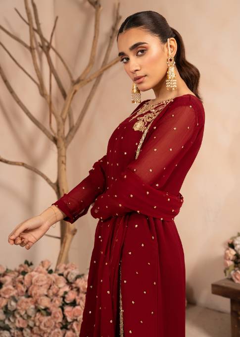 Chantae Slit style chiffon Embroidered womenswear 3 piece ready to wear suit - Mehroon colour