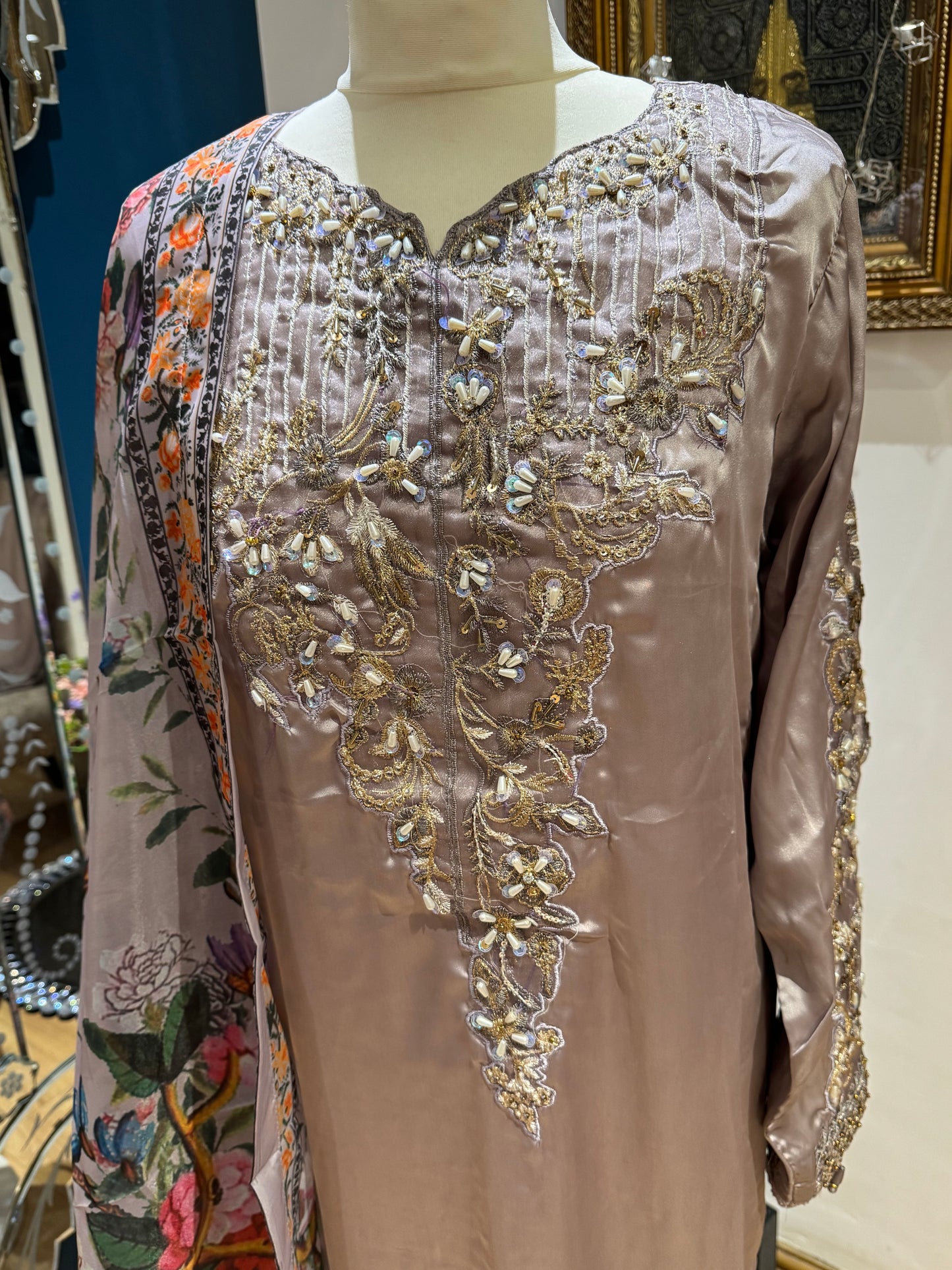 Lilac Silk 3 piece ready to wear traditional handwork stylish womenswear outfit with printed Duppatta