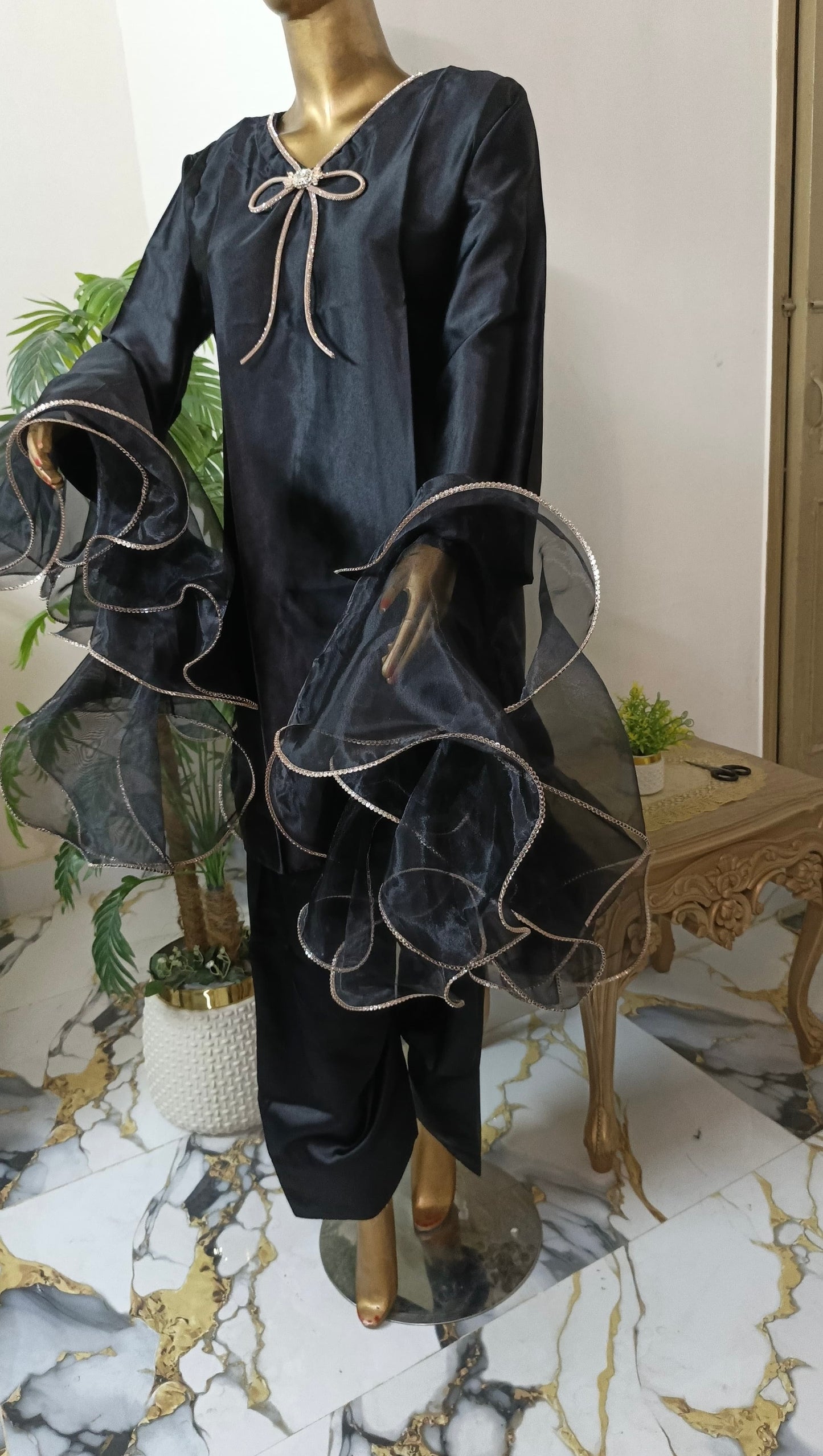 Kalpana 3 piece ready to wear Farshi shalwar silk outfit with Ruffle Duppatta women wear