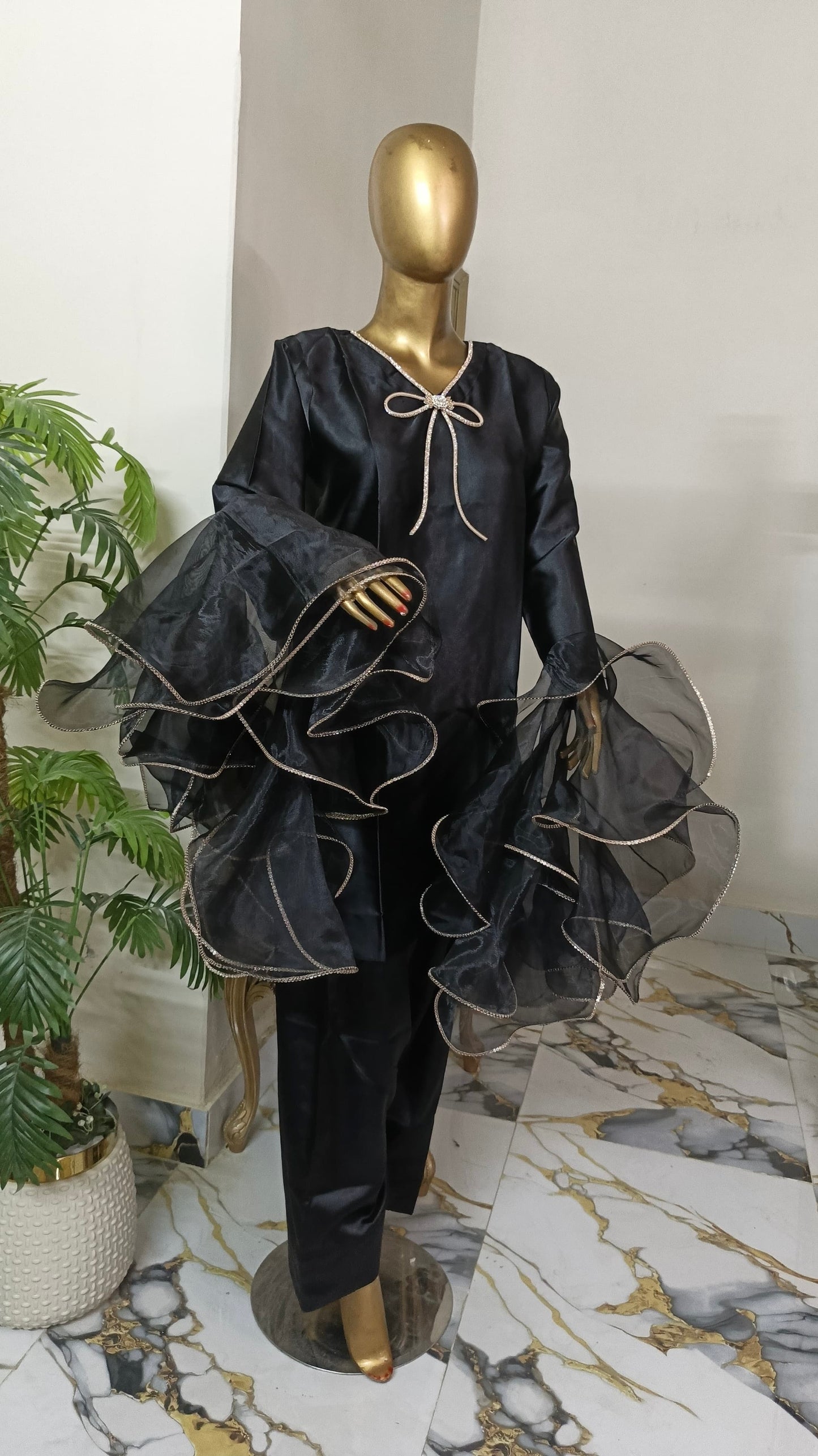Kalpana 3 piece ready to wear Farshi shalwar silk outfit with Ruffle Duppatta women wear