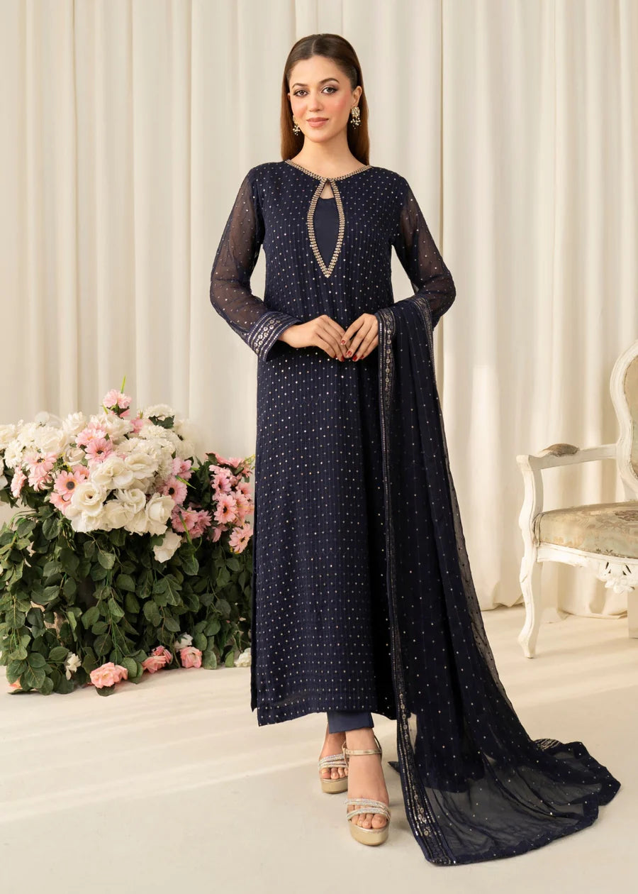 BLUE Noor Luxury Chiffon Pret embroidered 3 piece traditional long short suit