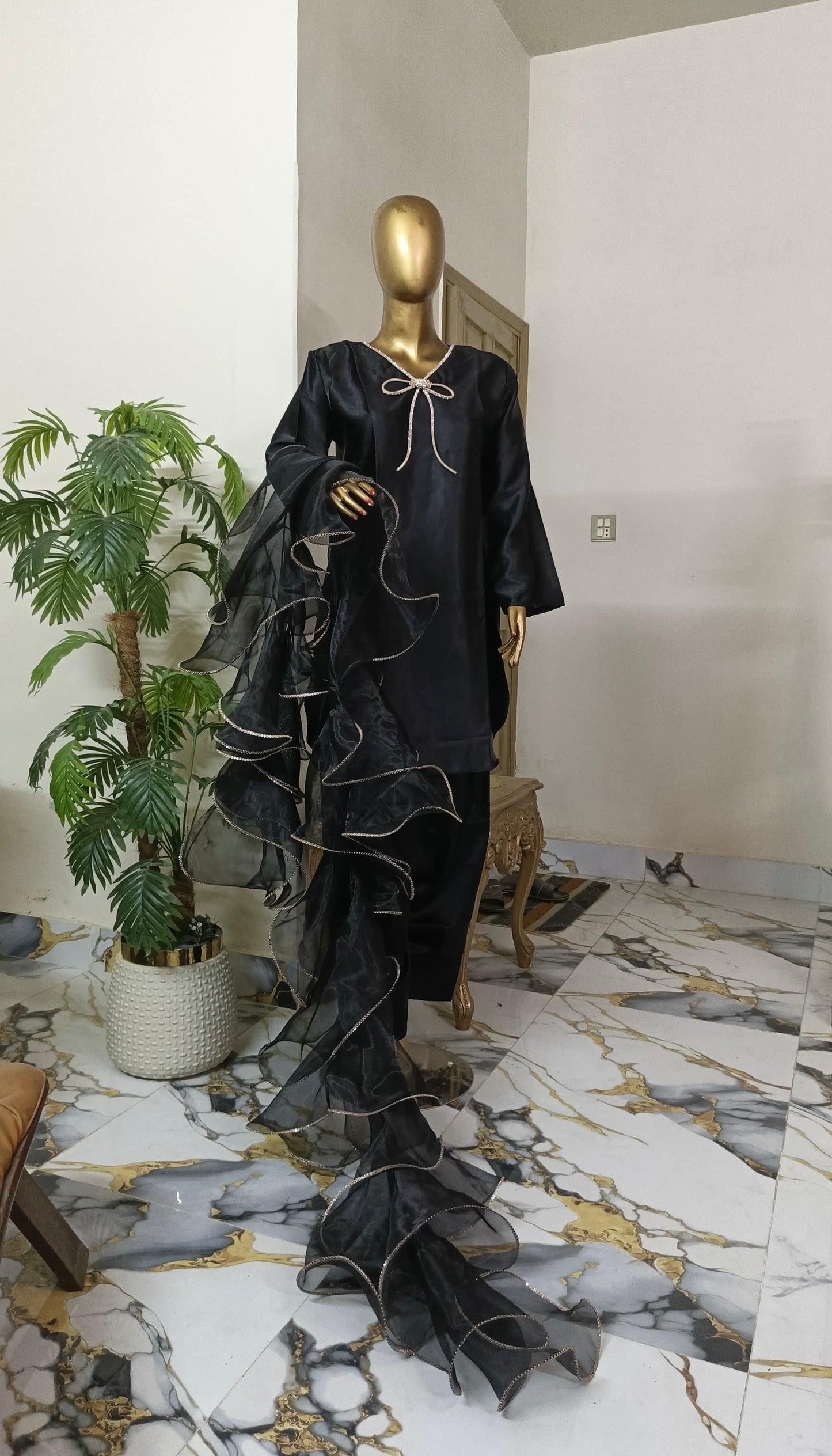 Kalpana 3 piece ready to wear Farshi shalwar silk outfit with Ruffle Duppatta women wear
