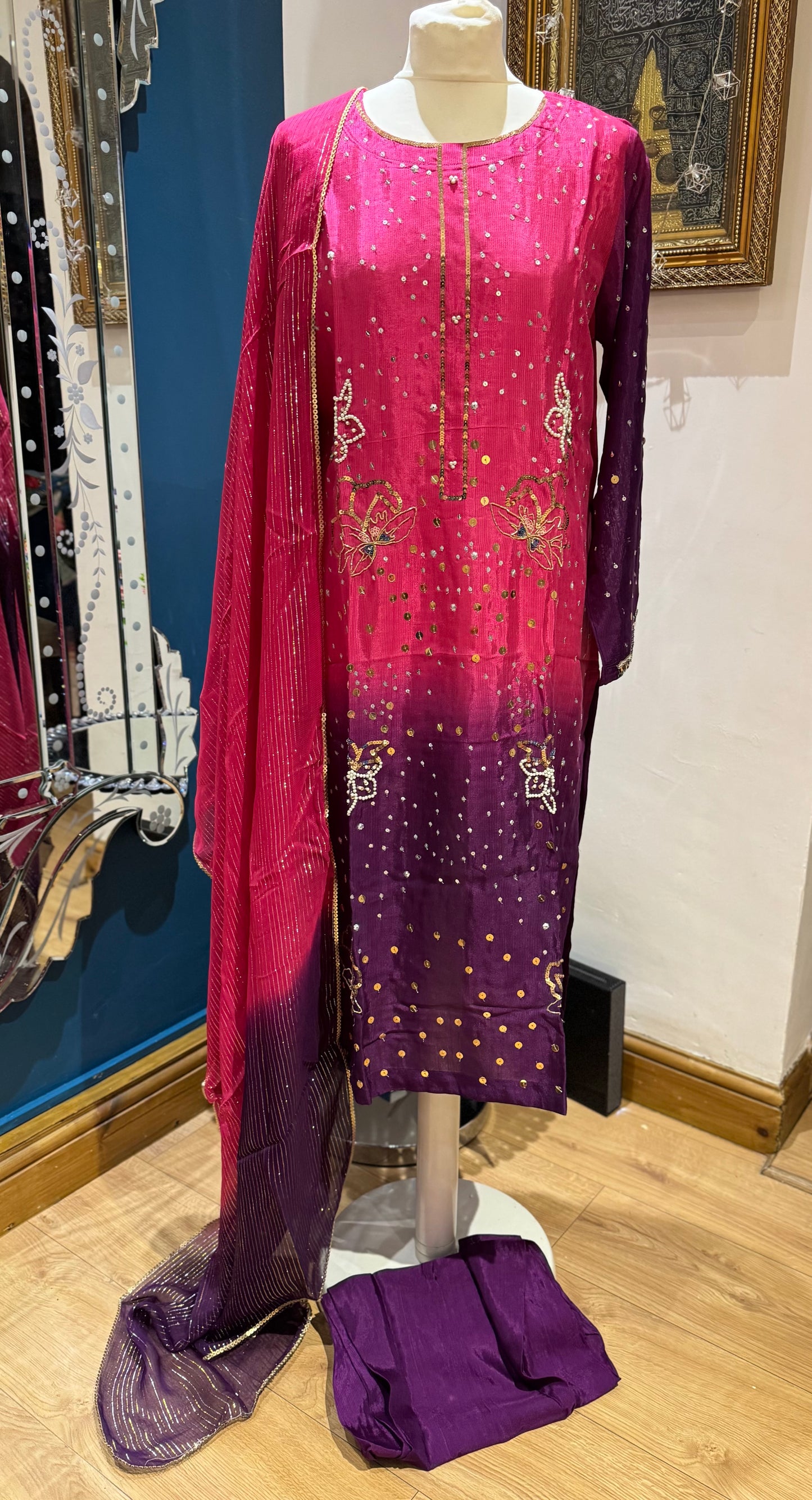 Pinky Silk 3 piece ready to wear double shade traditional handwork stylish womenswear outfit