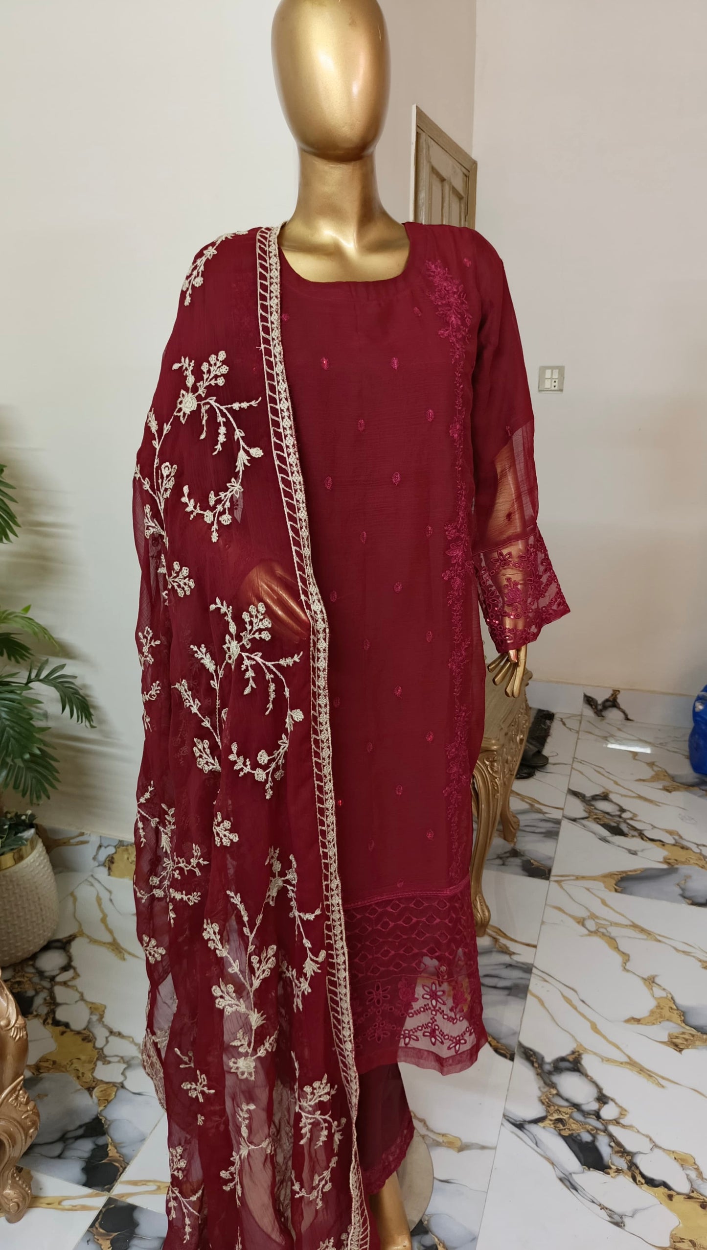 PRL RED Chiffon 3 piece ready to wear traditional suit - women wear - embroidered shirt & Duppatta - Katan Silk Trouser