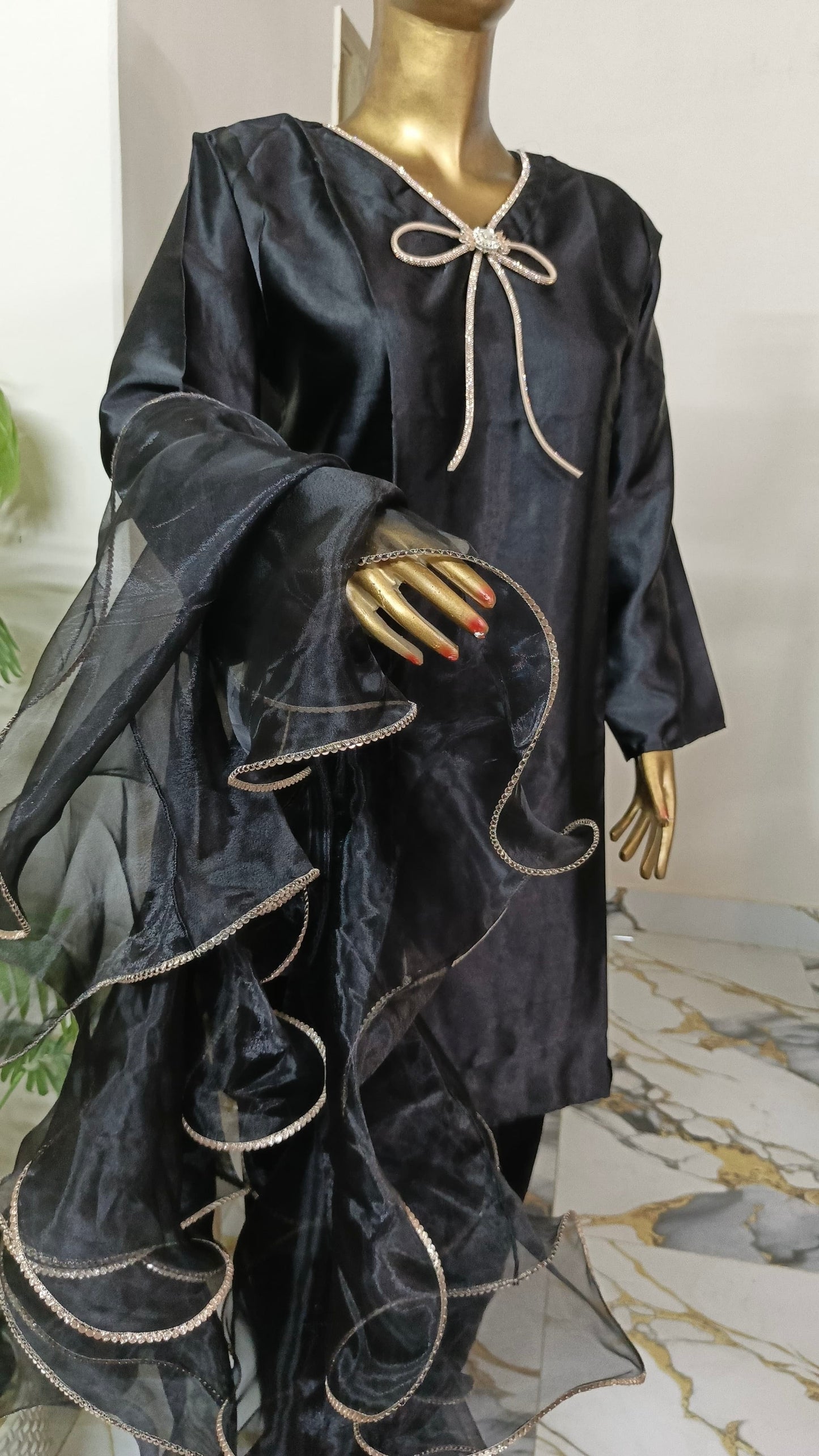 Kalpana 3 piece ready to wear Farshi shalwar silk outfit with Ruffle Duppatta women wear