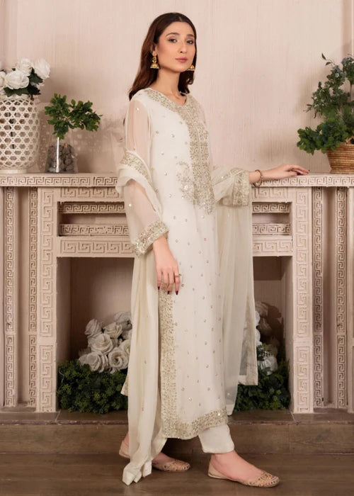 Sara Luxury Chiffon silver embroidered traditional 3 piece suit ready to wear long shirt style outfit