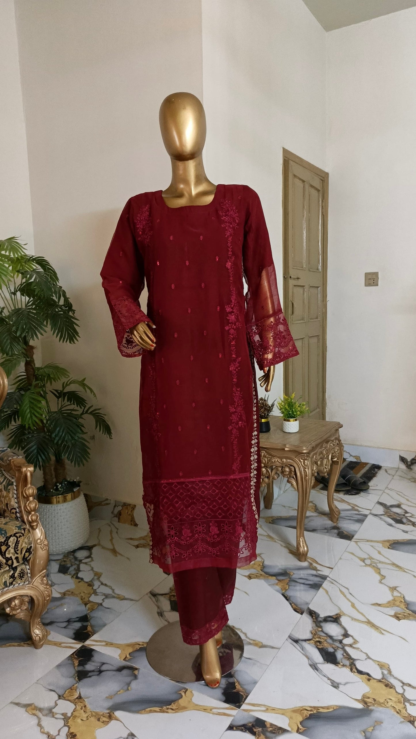 PRL RED Chiffon 3 piece ready to wear traditional suit - women wear - embroidered shirt & Duppatta - Katan Silk Trouser