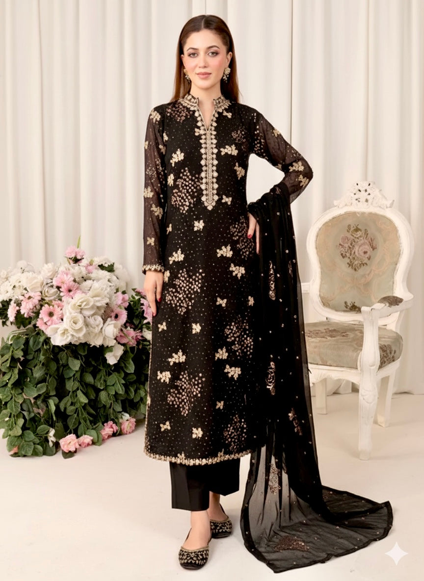 FARI Heavy sequence Luxury chiffon Embroidered womenswear 3 piece ready to wear suit (Black)