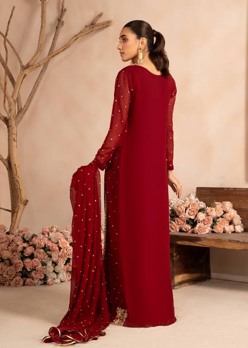 Chantae Slit style chiffon Embroidered womenswear 3 piece ready to wear suit - Mehroon colour