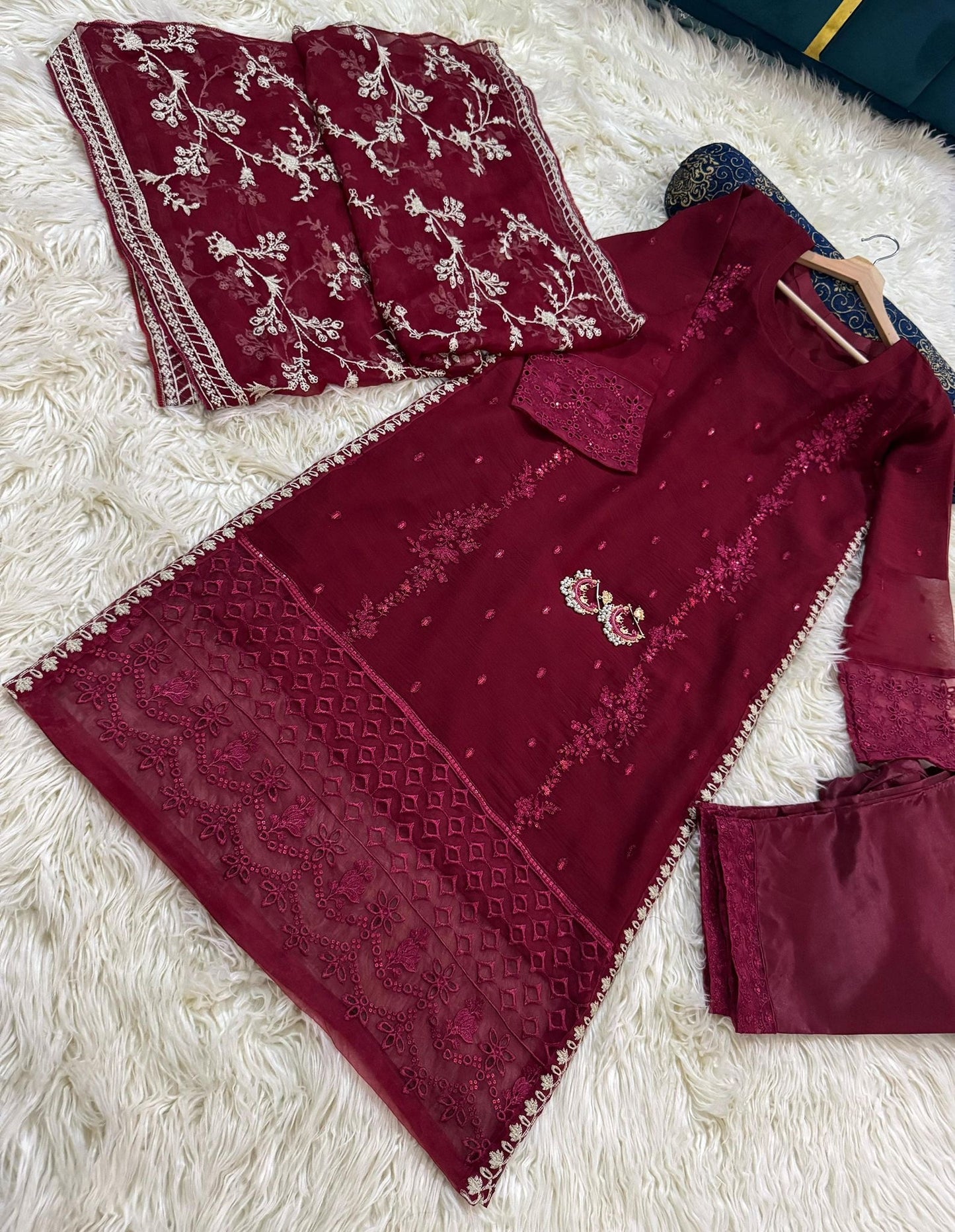 PRL RED Chiffon 3 piece ready to wear traditional suit - women wear - embroidered shirt & Duppatta - Katan Silk Trouser