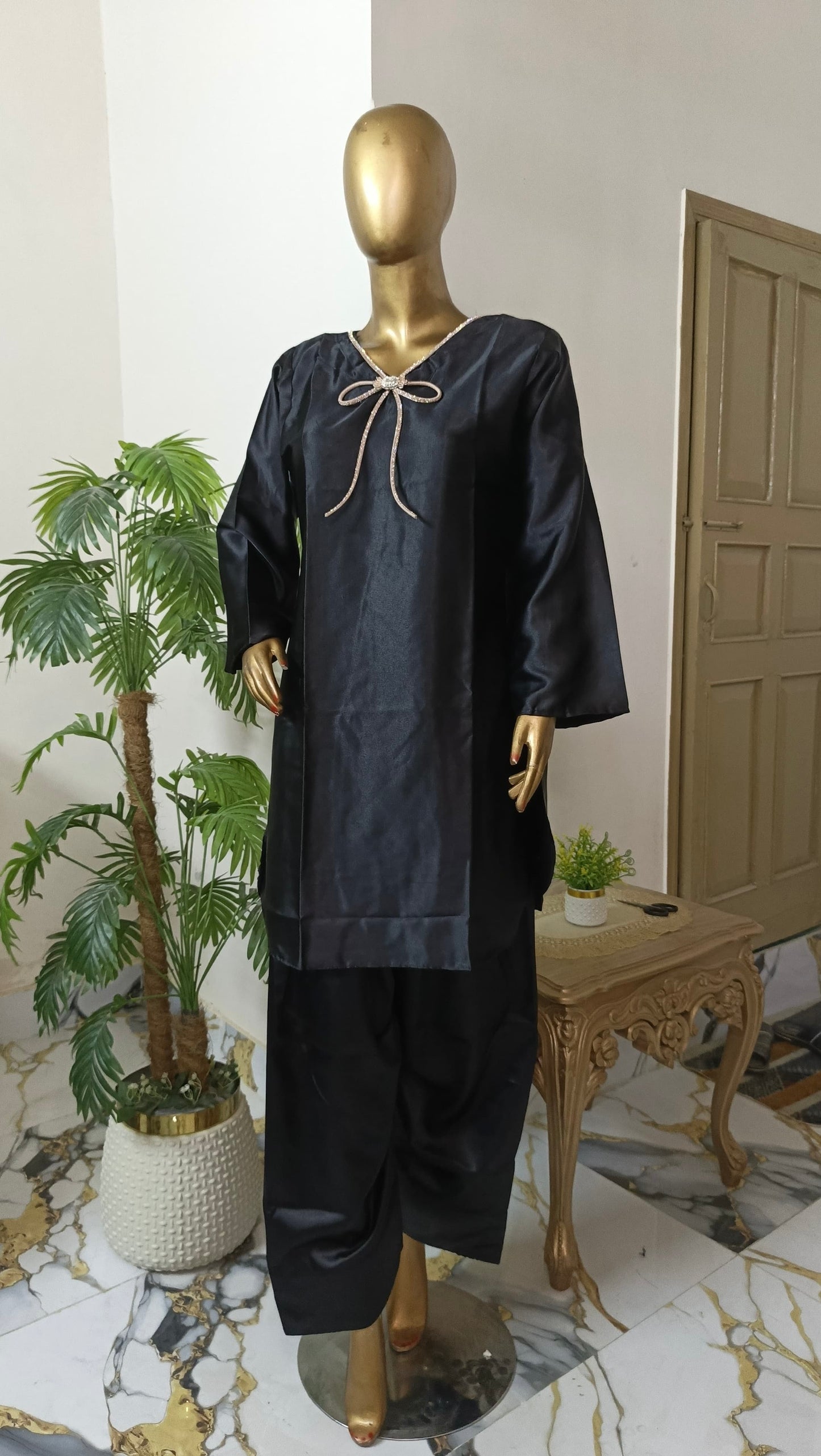 Kalpana 3 piece ready to wear Farshi shalwar silk outfit with Ruffle Duppatta women wear
