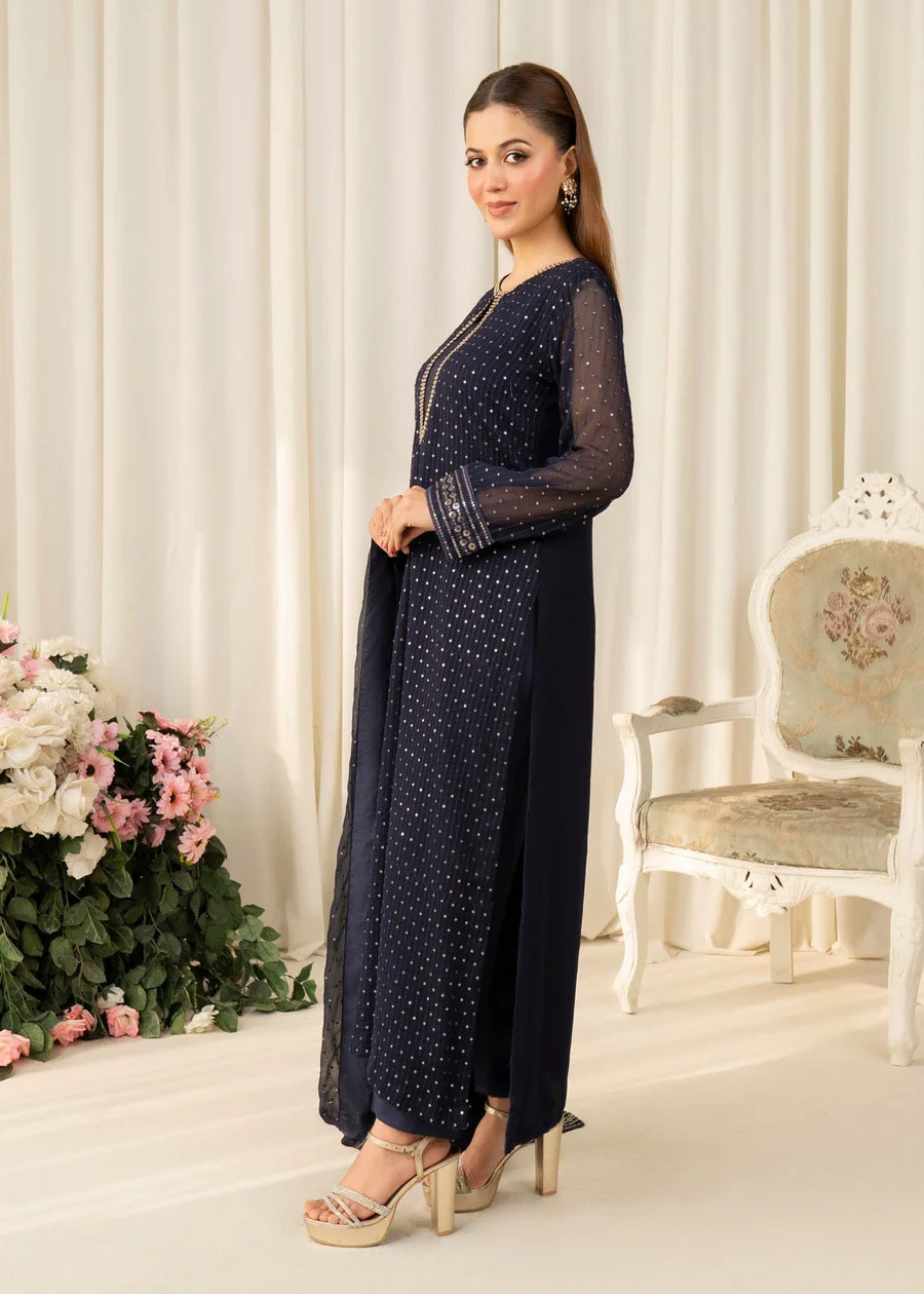 BLUE Noor Luxury Chiffon Pret embroidered 3 piece traditional long short suit