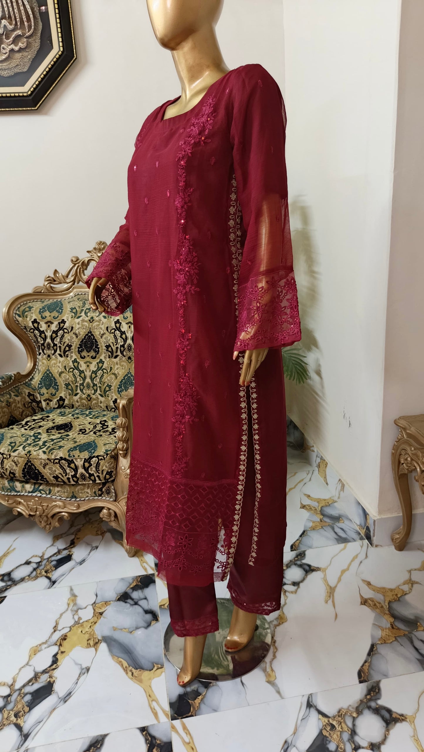 PRL RED Chiffon 3 piece ready to wear traditional suit - women wear - embroidered shirt & Duppatta - Katan Silk Trouser
