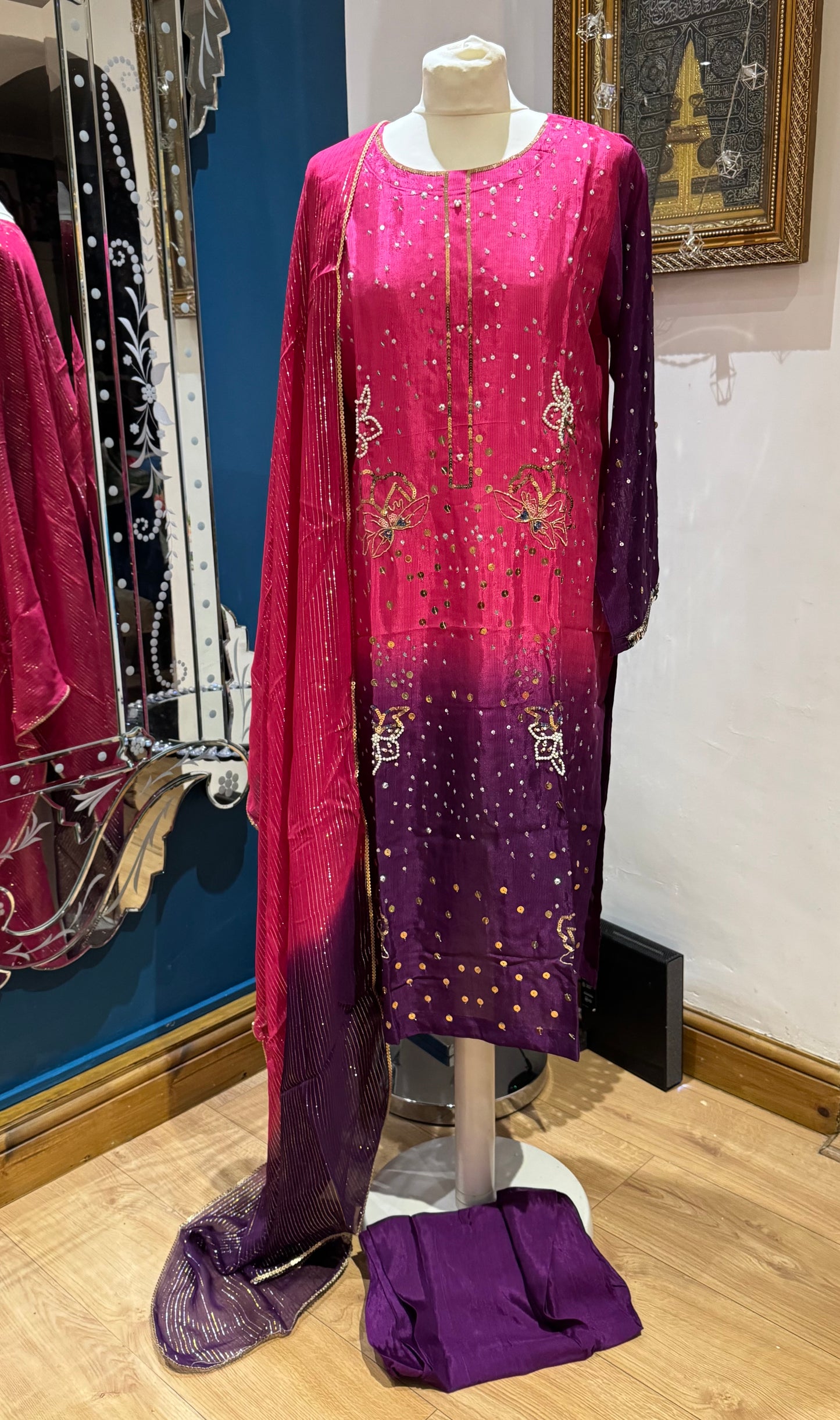 Pinky Silk 3 piece ready to wear double shade traditional handwork stylish womenswear outfit