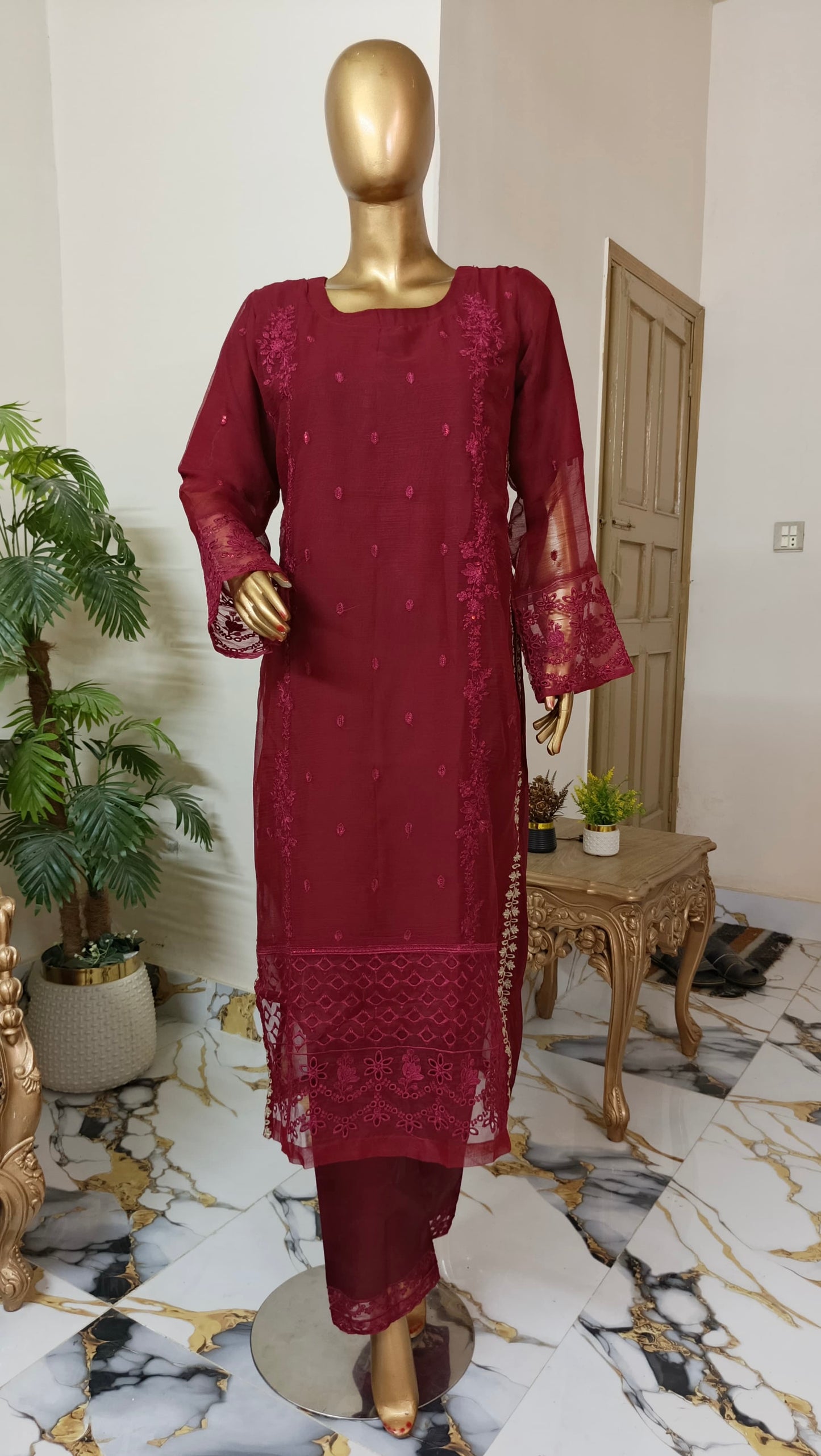 PRL RED Chiffon 3 piece ready to wear traditional suit - women wear - embroidered shirt & Duppatta - Katan Silk Trouser