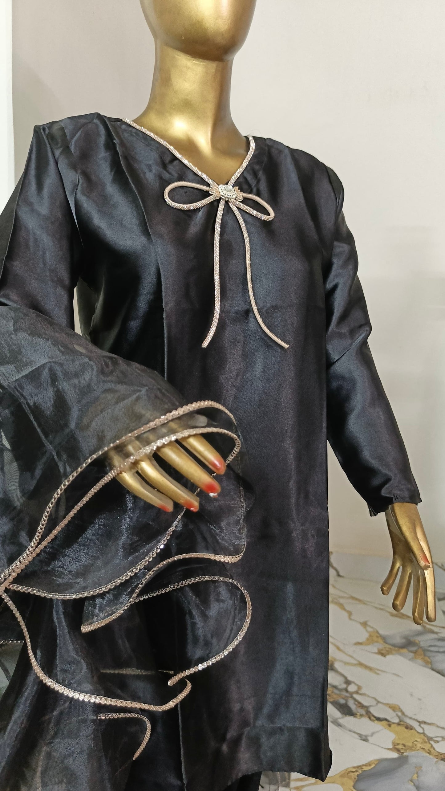 Kalpana 3 piece ready to wear Farshi shalwar silk outfit with Ruffle Duppatta women wear