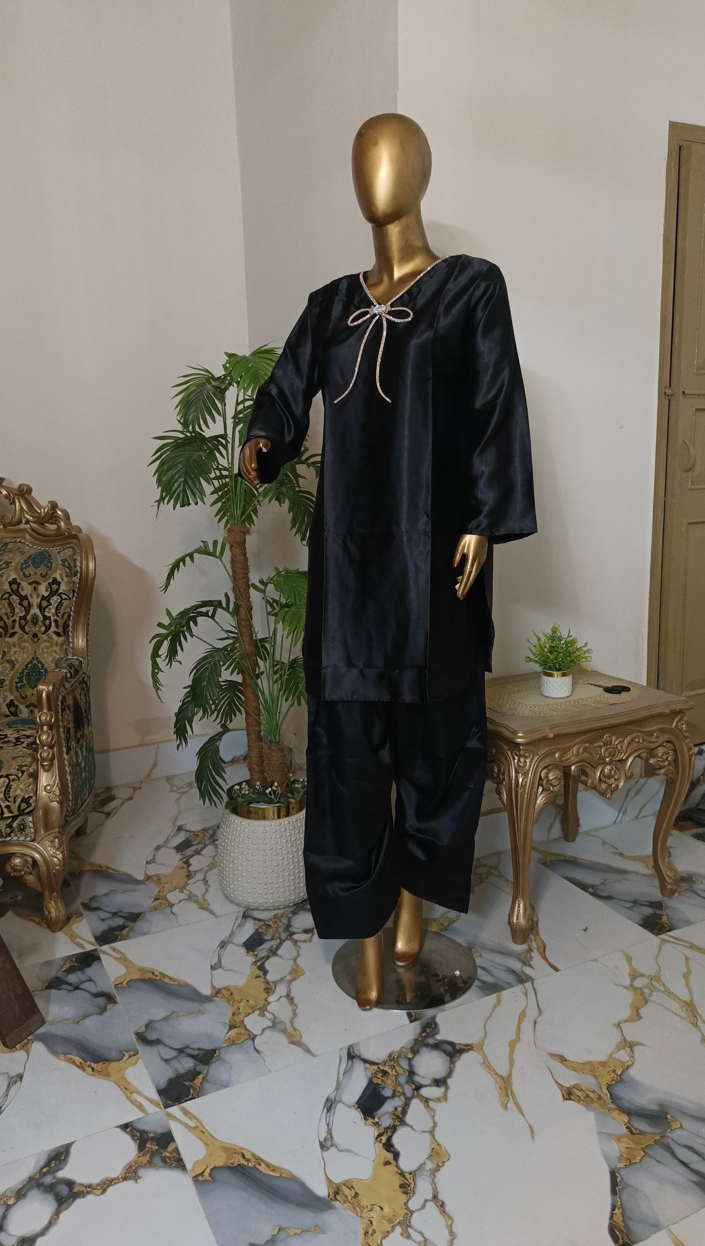Kalpana 3 piece ready to wear Farshi shalwar silk outfit with Ruffle Duppatta women wear