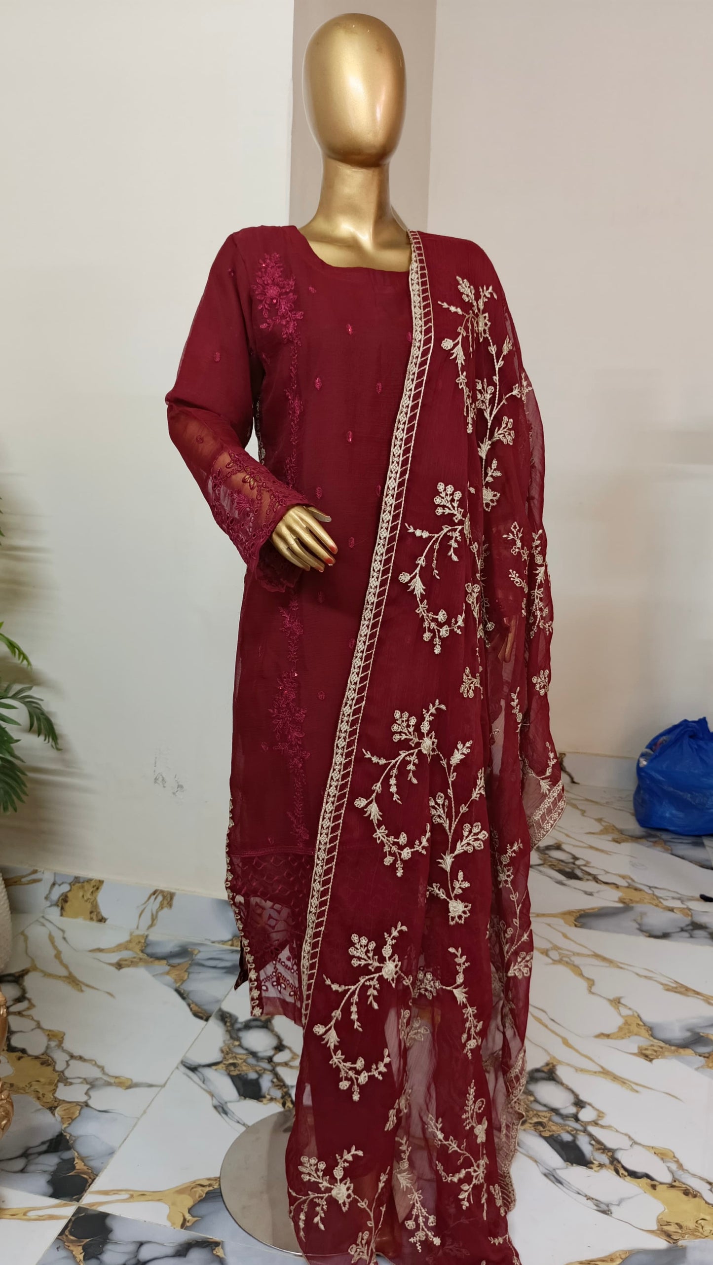 PRL RED Chiffon 3 piece ready to wear traditional suit - women wear - embroidered shirt & Duppatta - Katan Silk Trouser