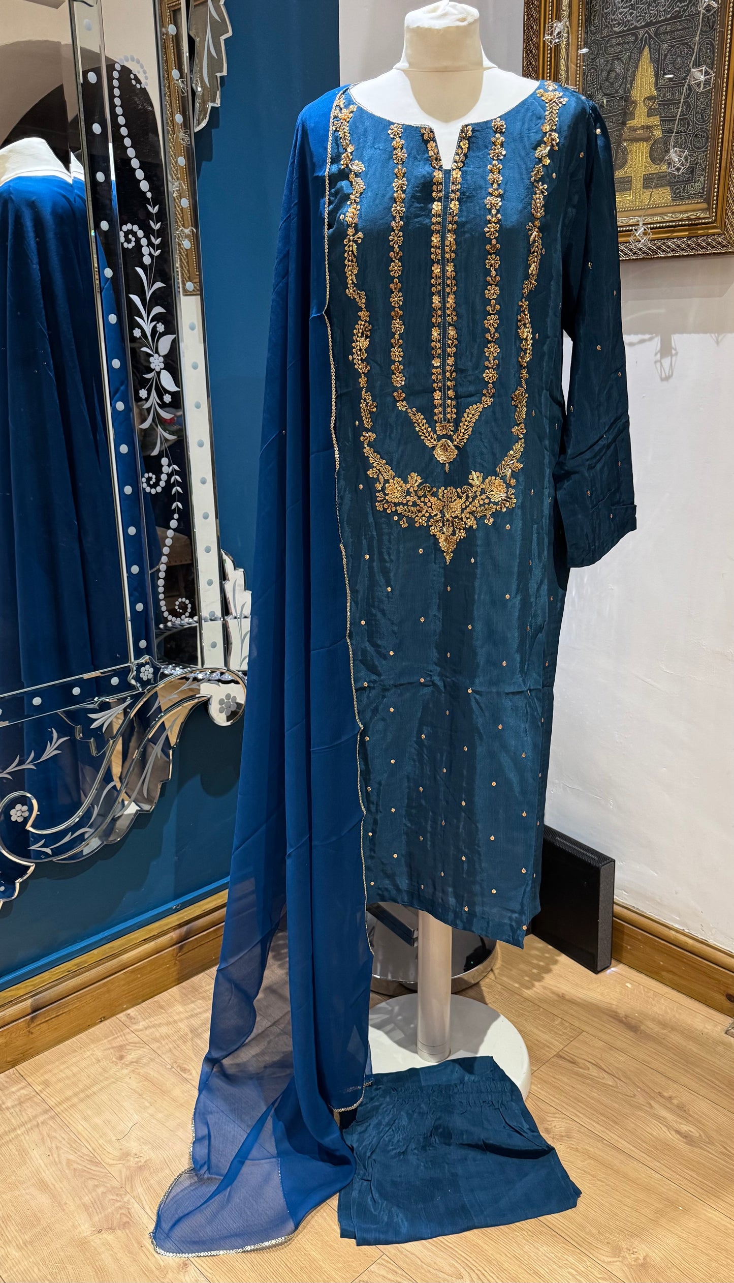Bluey Silk 3 piece ready to wear traditional handwork stylish womenswear outfit