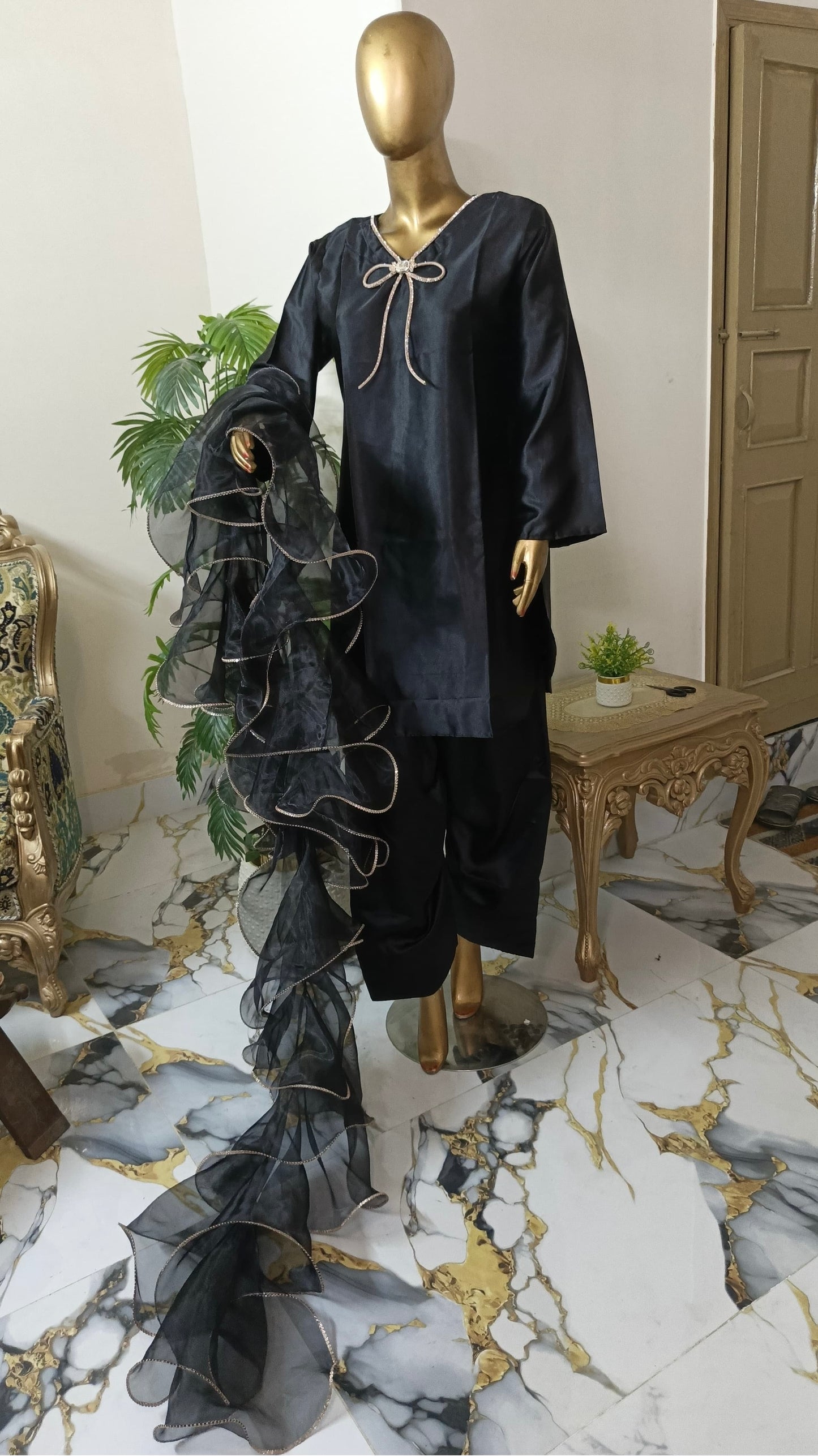 Kalpana 3 piece ready to wear Farshi shalwar silk outfit with Ruffle Duppatta women wear