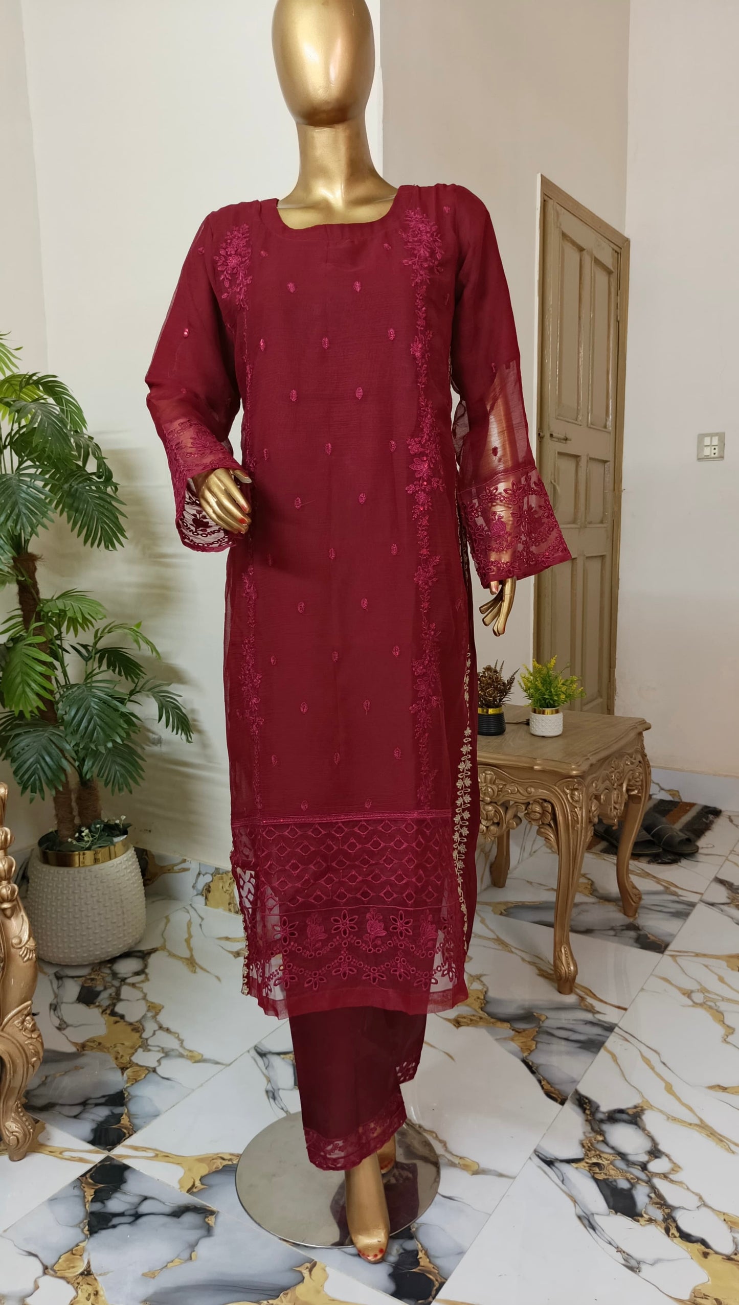 PRL RED Chiffon 3 piece ready to wear traditional suit - women wear - embroidered shirt & Duppatta - Katan Silk Trouser