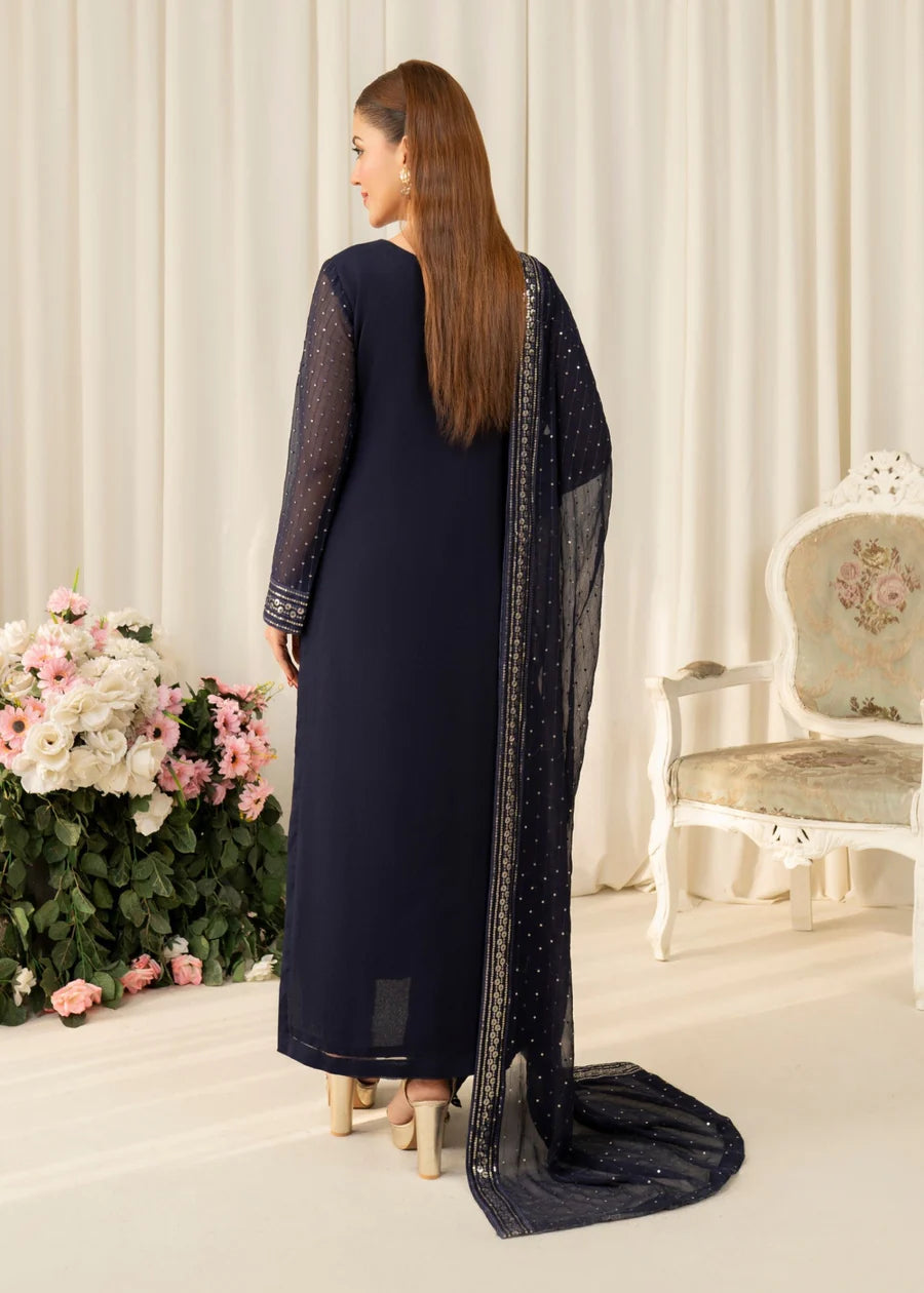 BLUE Noor Luxury Chiffon Pret embroidered 3 piece traditional long short suit