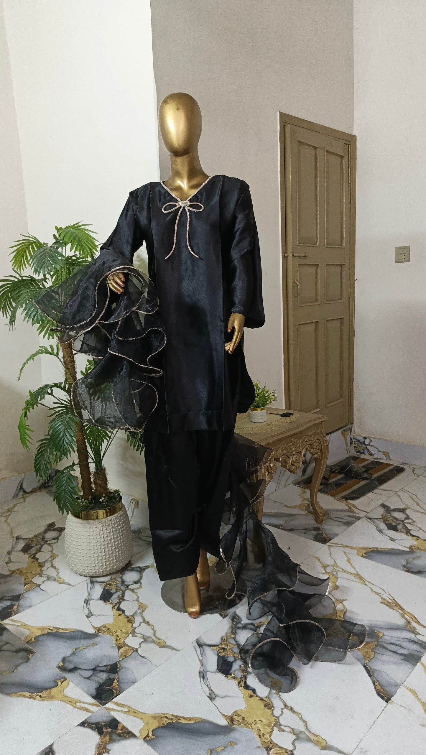 Kalpana 3 piece ready to wear Farshi shalwar silk outfit with Ruffle Duppatta women wear