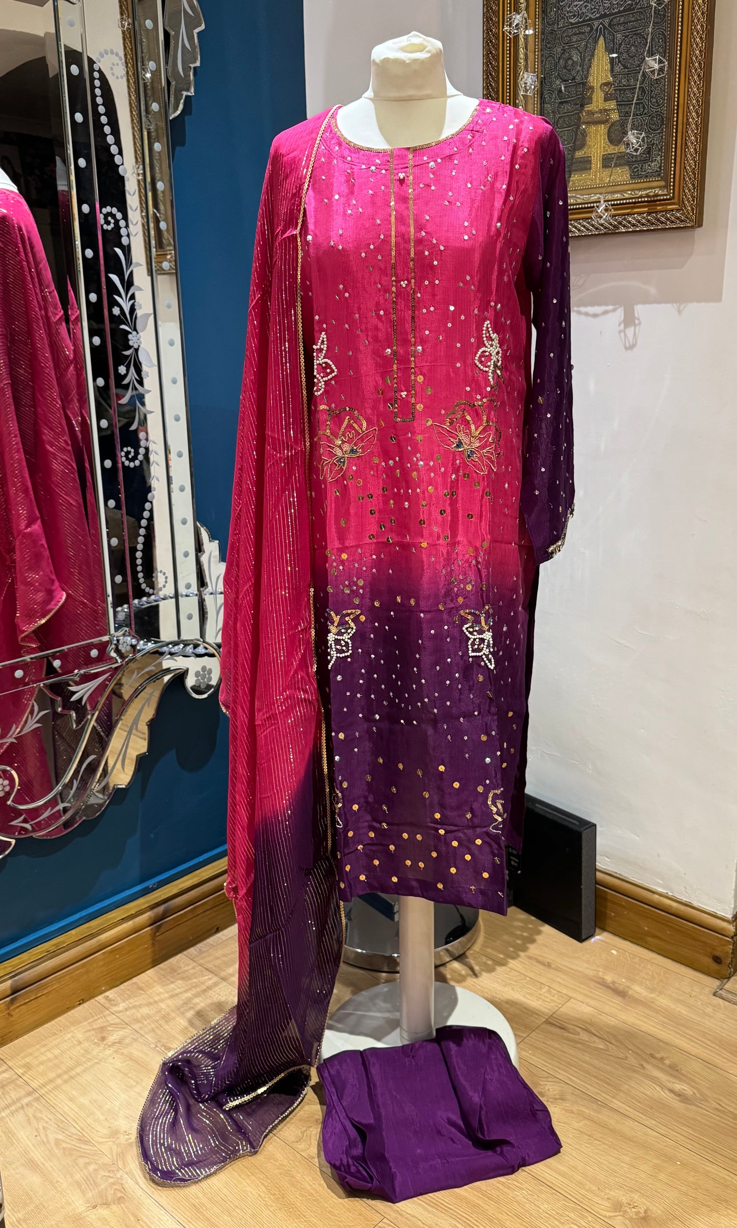 Pinky Silk 3 piece ready to wear double shade traditional handwork stylish womenswear outfit