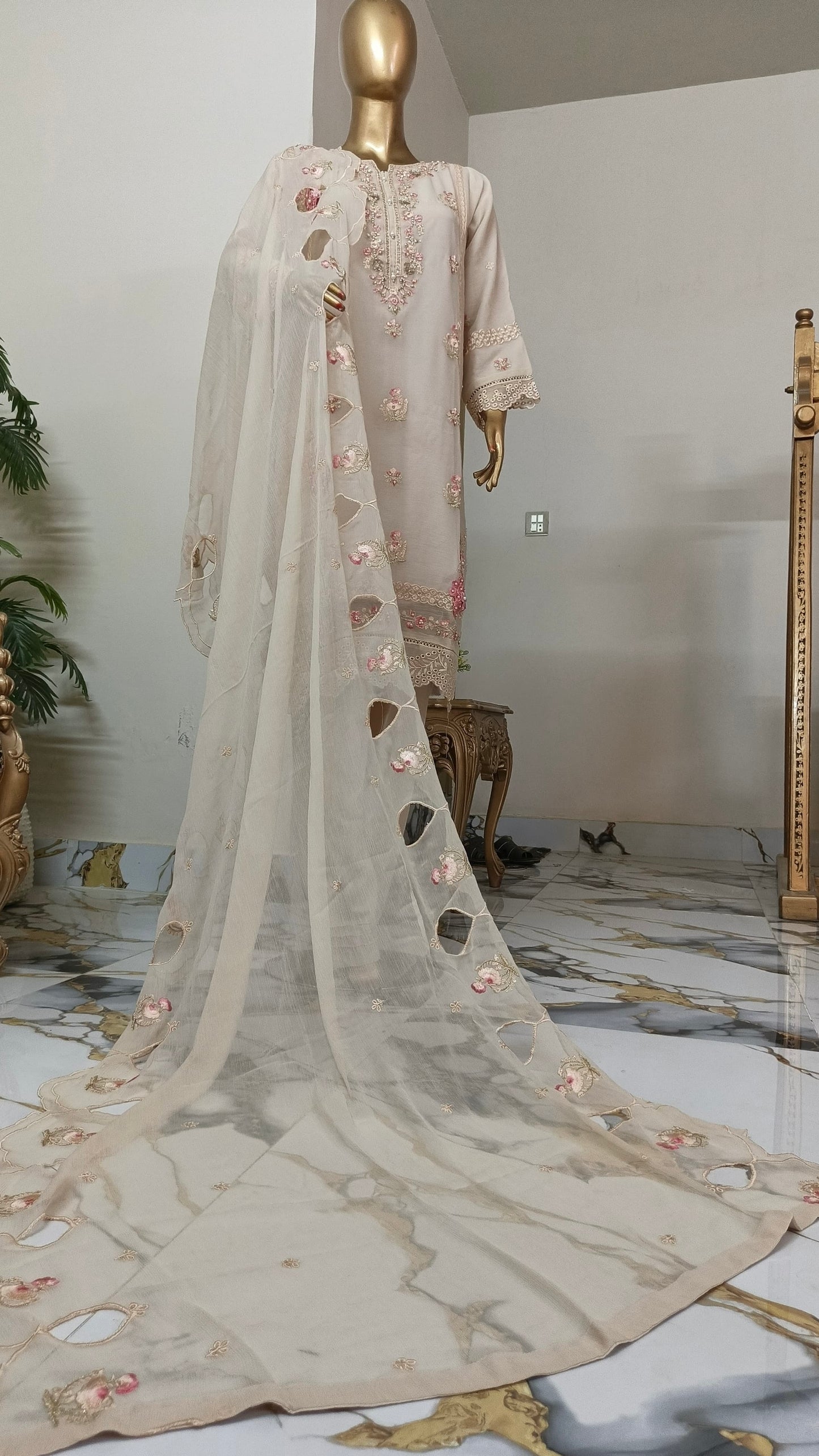 Cyra Handwork pearls & beads with 3D Flowers Shirt Luxury Chiffon 3 piece ready to wear traditional suit womenwear clothes