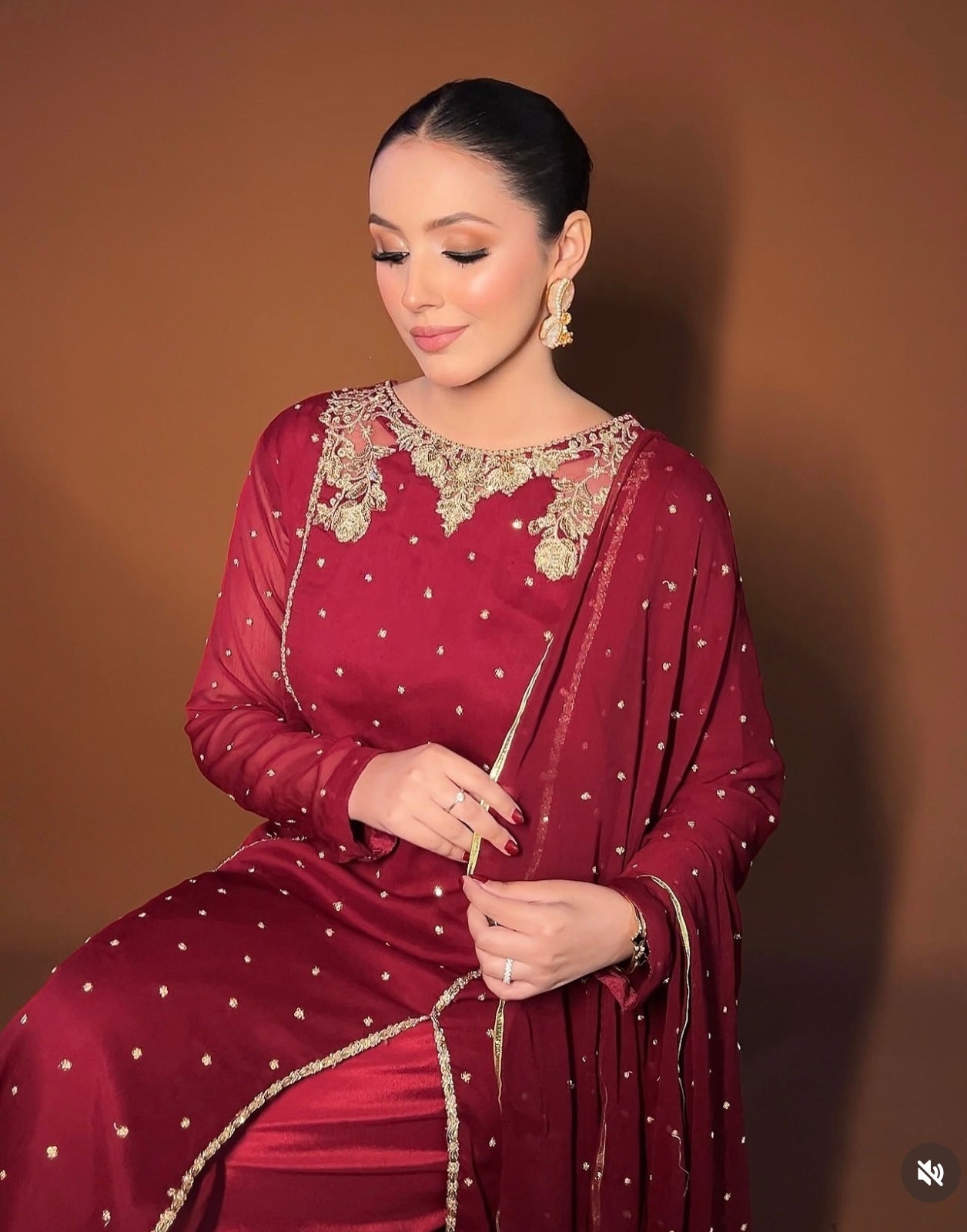 Chantae Slit style chiffon Embroidered womenswear 3 piece ready to wear suit - Mehroon colour