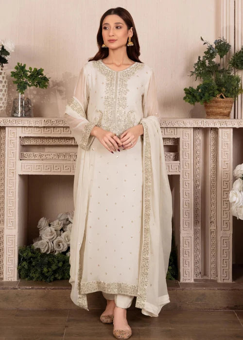 Sara Luxury Chiffon silver embroidered traditional 3 piece suit ready to wear long shirt style outfit