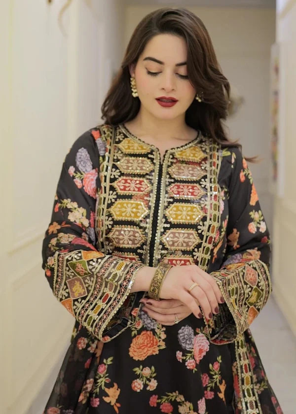 ROONI BLACK Silk 3 piece ready to wear Printed & Embroidered traditional handwork stylish womenswear outfit