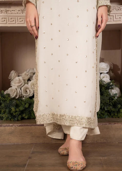 Sara Luxury Chiffon silver embroidered traditional 3 piece suit ready to wear long shirt style outfit