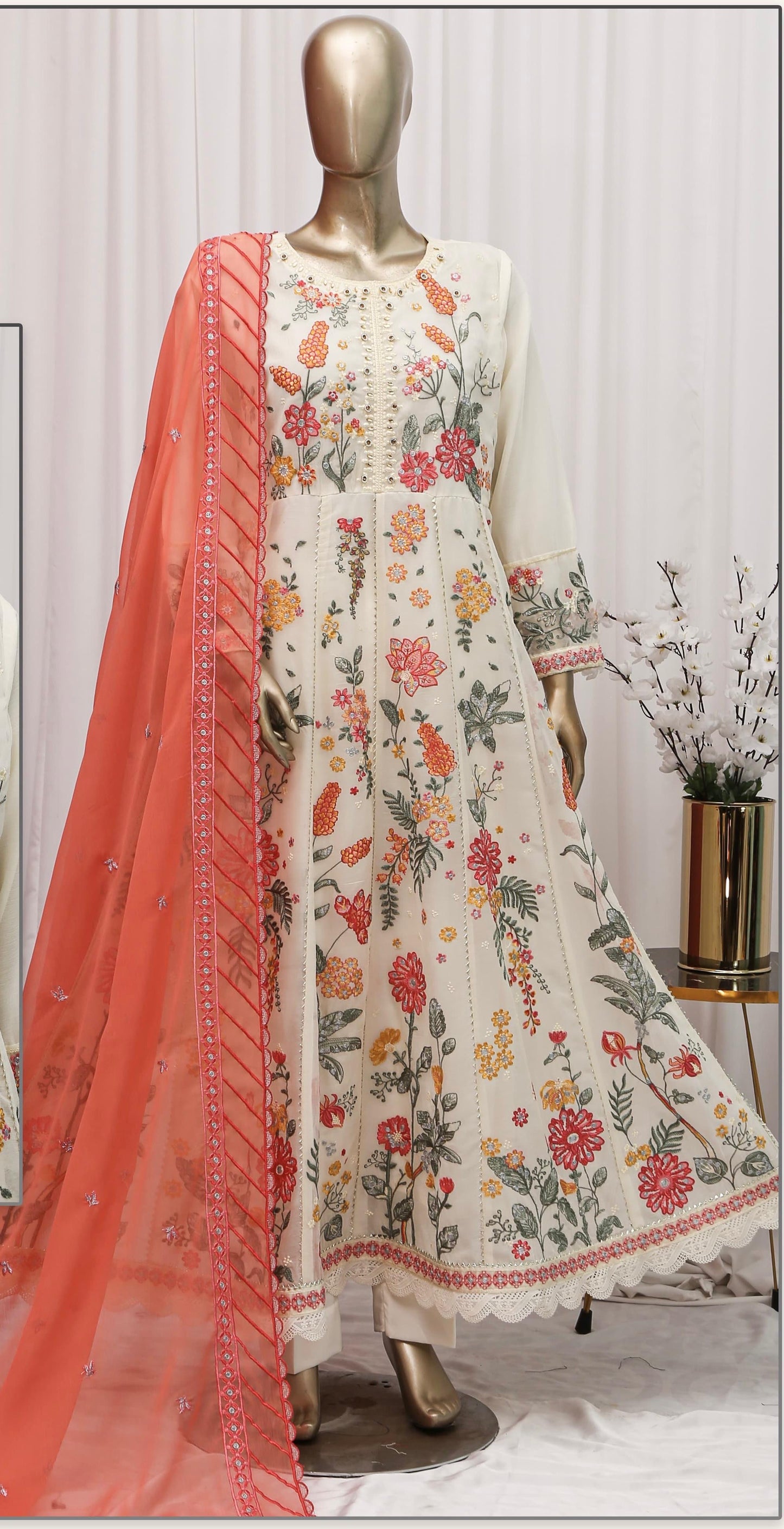 Bina White Chiffon heavy embriodered Maxi 3 piece ready to wear traditional womenwear outfit