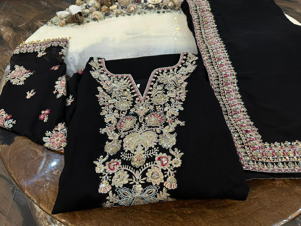 Humara Luxury BLACK classy Chiffon Heavy embroidered Neckline 3 piece ready to wear traditional embroidered asian stylish womenswear outfit - (Watch video)