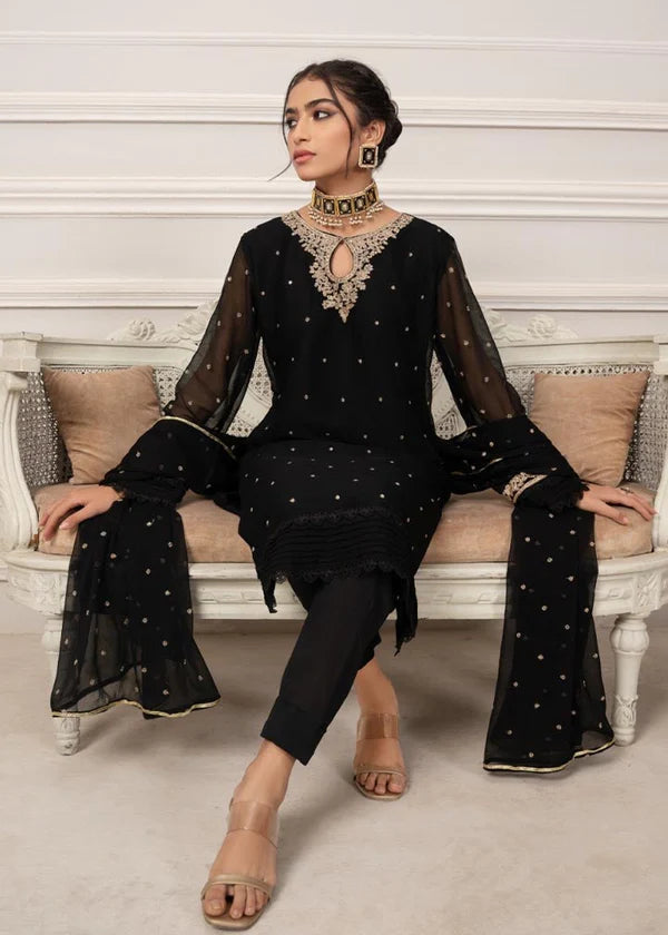 SAJAL BLACK Luxury classy style Chiffon 3 piece ready to wear traditional embroidered asian suit stylish womenswear outfit - Shirt Length 39”-40”