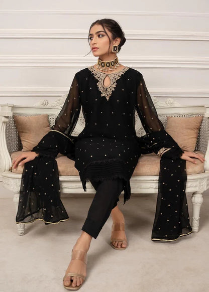 SAJAL BLACK Luxury classy style Chiffon 3 piece ready to wear traditional embroidered asian suit stylish womenswear outfit - Shirt Length 39”-40”