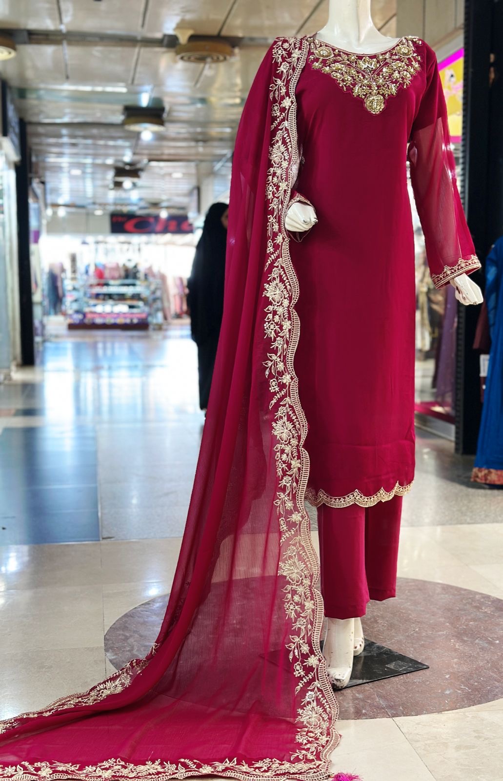 Queen Heavy Handwork Neck Chiffon 3 piece ready to wear traditional suit