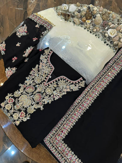 Humara Luxury BLACK classy Chiffon Heavy embroidered Neckline 3 piece ready to wear traditional embroidered asian stylish womenswear outfit - (Watch video)