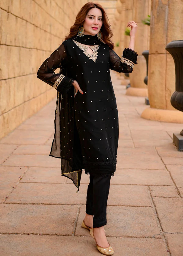 SAJAL BLACK Luxury classy style Chiffon 3 piece ready to wear traditional embroidered asian suit stylish womenswear outfit - Shirt Length 39”-40”