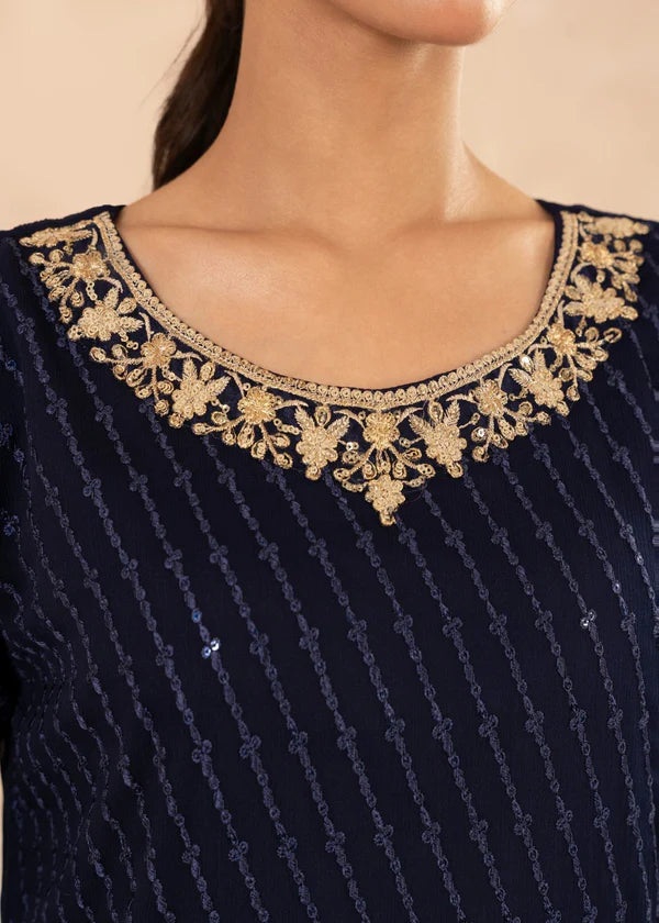 MYRA luxury NAVY Blue chiffon Embroidered womenswear 3 piece ready to wear suit (Watch video)