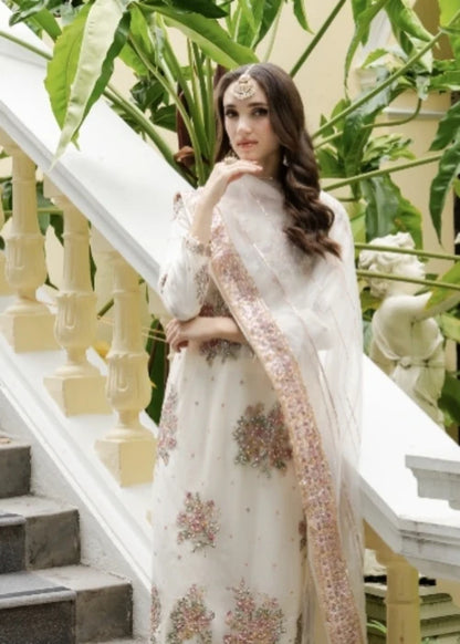 AGHA JAAN Luxury Off-White Embroidered Net Kurta Suit Ready to Wear Pakistani Festive Party Wear Women's Outfit