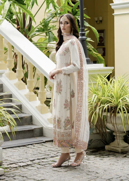 AGHA JAAN Luxury Off-White Embroidered Net Kurta Suit Ready to Wear Pakistani Festive Party Wear Women's Outfit