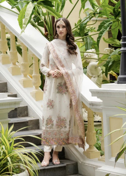 AGHA JAAN Luxury Off-White Embroidered Net Kurta Suit Ready to Wear Pakistani Festive Party Wear Women's Outfit