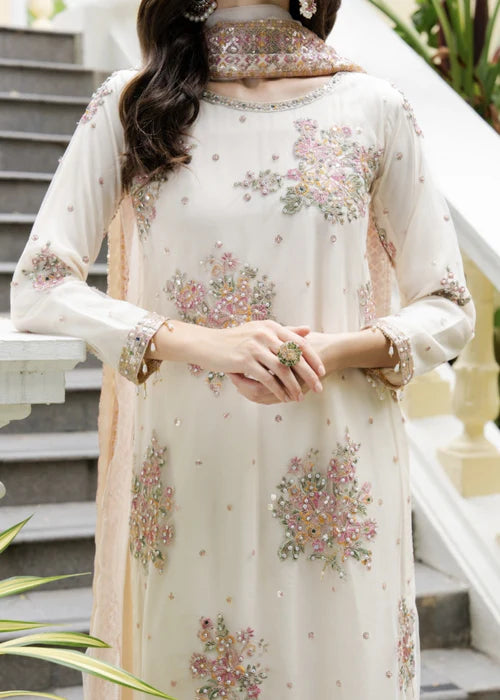 AGHA JAAN Luxury Off-White Embroidered Net Kurta Suit Ready to Wear Pakistani Festive Party Wear Women's Outfit