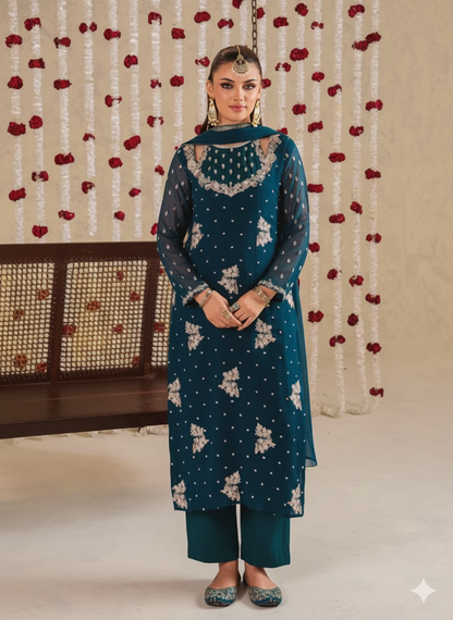 HUNOON luxury chiffon Embroidered womenswear 3 piece ready to wear suit (Watch video)