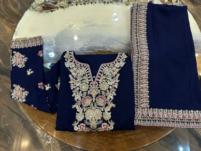 Robina Luxury Blue classy Chiffon Heavy embroidered Neckline 3 piece ready to wear traditional embroidered asian stylish womenswear outfit - Watch video
